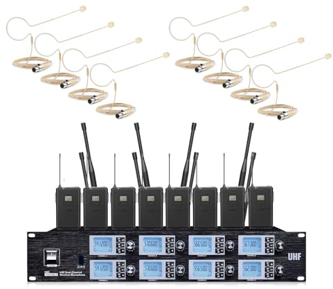 8 Channel UHF Wireless Microphone System for School Drama Theatre Stage Performance, 8 Beige Earset Headworn Wireless Mic System