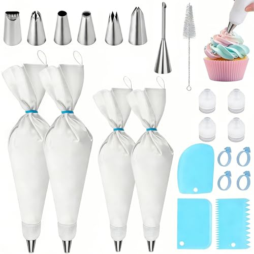 Reusable Piping Bags and Tips Set – 23Pcs Pastry Bag Kit: 4 Cotton Icing Bags (2x14in, 2x16in), 6 Stainless Steel Tips, Couplers, Brush – Cake Decorating Supplies for Beginners, Cupcakes, Cookies