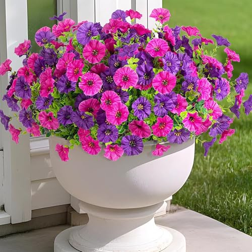 Regallop Artificial Outdoor Flowers Fake Plants, 12 Bundles Silk Morning Glory Eucalyptus Realistic Colorful Faux Flowers for Outside Planter Porch Yard Patio Balcony (fuchsia ，purple)