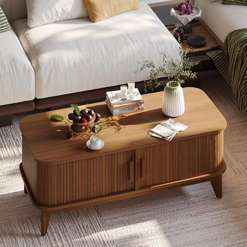 YOUDENOVA Couchtisch Holz mit Stauraum,Modern Wohnzimmertisch mit Schiebetüren im Tambour-Design,Beistelltisch Couch für Wohnzimmer,100x48x40cm Walnuss