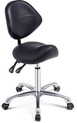 Grace&Grace Sattelhocker Sattelstuhl Sattel Rollhocker Drehhocker mit Rollen Höhenverstellbar Arbeitshocker Küchenhocker Praxishocker (mit Rückenlehne, Schwarz)