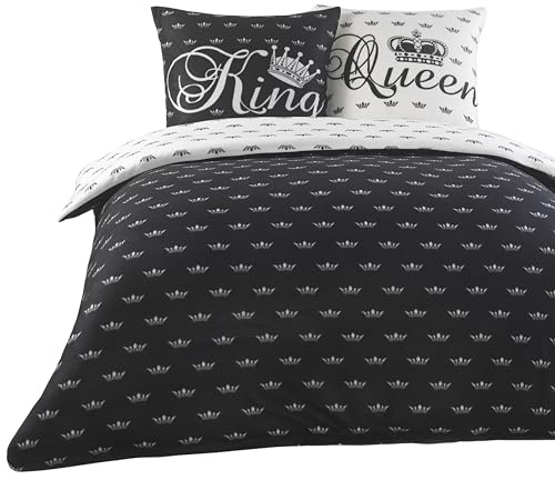 BaSaTex Bettwäsche Set, 200x200 1x 200x220 + 2X 80x80 cm, Schwarz Weiß | Flausch, 3-tlg, Winter Partner Kissenbezug, 100% Microfaser Thermo-Fleece, Design: King Queen