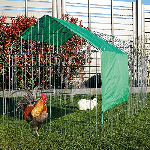 zooprinz Mobiles Außengehege mit Satteldach und Sonnenschutz | Für Hühner und Kaninchen im Garten, wetterfestes stabiles Metall, platzsparend verstaubar, 2 Größen zur Wahl