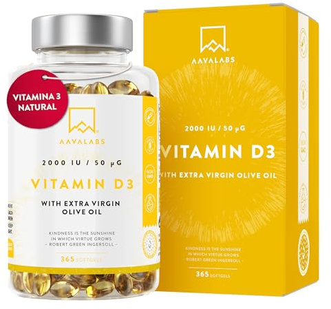 Vitamin D3 [2000 IU] - with Extra Virgin Olive Oil for Optimum Absorption - High Strength Vitamin D Supplement - Contributes to Bone, Muscle and Immune Function - 365 Vitamin D Capsules