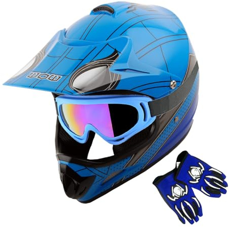 WOW Youth Kids Motocross Helmet BMX MX ATV Dirt Bike Helmet Spider Blue + Goggles + MG Youth Blue Glove Bundle