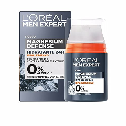 L'Oréal Men Expert, Crema Facial Hidratante 24H Para Hombre, Hipoalergénica Mineral de Magnesio + Ácido Hialurónico, Sin alcohol, Pieles Sensibles, 50 ml
