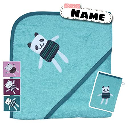 Kapuzenhandtuch personalisiert mit Waschlappen Set | Baby Badetuch 80 x 80 cm Kapuzenbadetuch Baby | Bestickt mit Name | Baby Handtuch mit Kapuze | Baby Erstausstattung | Teddy (Bär Mint)