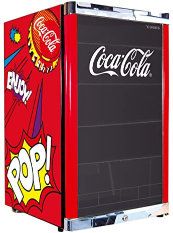 °CUBES Coca Cola PopArt Kühlschrank 115L | Getränkekühlschrank groß mit Glastür, perfekt für Partys & Gewerbe | Energieeffizient, 84,5 cm hoch, 104 kWh/Jahr - Flaschenkühlschrank groß