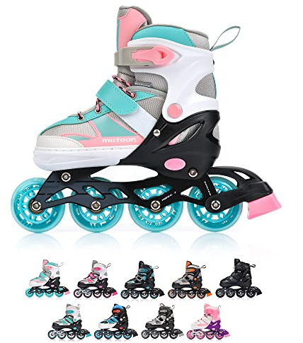 meteor Rox sichere verstellbare Kinder Inline‑Skates – Inliner für Mädchen Jungen – ABEC‑7 Carbonlager PU‑Räder 72 mm 80 A Aluminiumrahmen – Größen S 30‑33 M 34‑37 L 38‑41