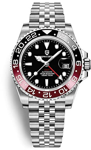 Pagani Design Herrenuhr Automatik Mechanische Uhr GMT Dual-Zeitzone Armbanduhren Edelstahl Zweifarbige Keramiklünette 100M Wasserdicht PD-1662 (5 Schwarz Rot)