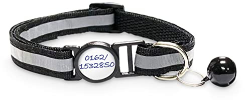 Girafus Katzenhalsband mit Sicherheitsverschluss Glöckchen Schwarz | Reflektierend, mit 5 Stickern für Name & Telefonnummer – passend für Girafus Tracker – Sicherheitsverschluss öffnet bei Zug
