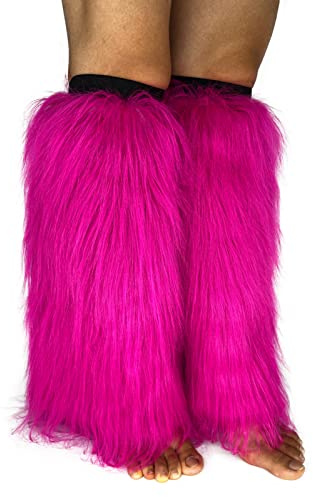 FHQHTH Fuzzy Faux Fur Leg Warmers Fur Heels Long Boots Cuff Cover has Elasticity One Pair Dionysia Boot cover Carnival 18 [Neon Pink, Large]