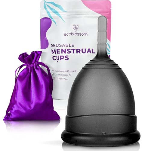 EcoBlossom Reusable Menstrual Cup - The Most Reliable Medical Grade Silicone Period Cups - Comfortably use for 12 Hours. One Small Size Black Cup.