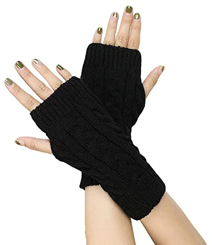 Fingerlose Handschuhe für Damen Gestrickte Halb Fingerhandschuhe Kurzer Strickhandschuhe Fäustlinge Handwärmer Handgelenkwärmer Armstulpen Handstulpen Pulswärmer (1Paar-Schwarz)
