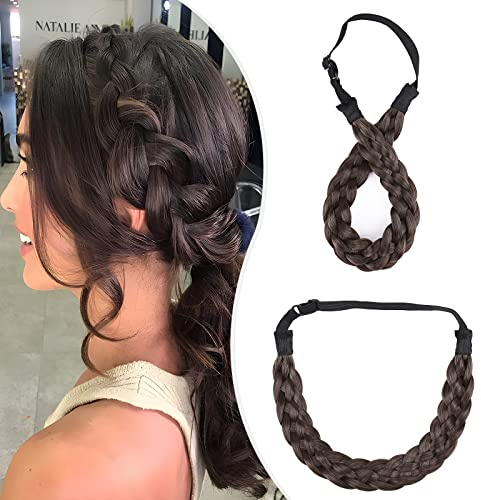 Elailite Haarband Geflochten Haargummi mit Haare Damen Haarteile Dutt Braids Extensions Stirnband Breit 3.8cm/L Zopf Haarreif Verstellbare Kopfband Haarschmuck 50g Eschenbraun/Kastanienbraun