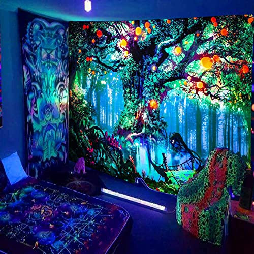 Simpkeely Fantasievolles Schwarzlicht-Baum Wandteppich mit Waldfee, Natur und magischen Elfen Motiven, Wandbehang und UV-reaktive Wandteppiche für Schlafzimmer - 180cm x 230cm
