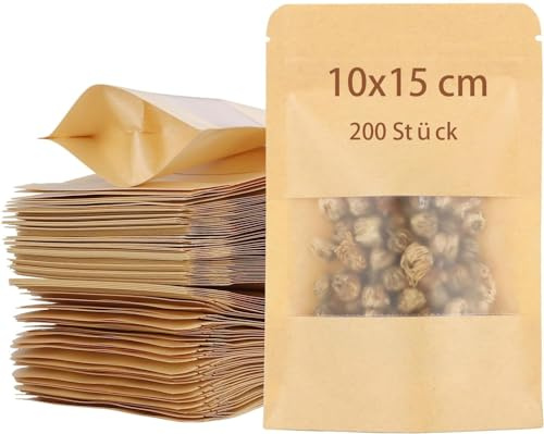 AKOLAFE 200 Stück Papiertüten mit Fenster 10x15cm Kraftpapiertüten Braune Kekstüten Luftdichte Gewürztüten Hochwertig Kraftpapier Tüten für Süßigkeiten, Nüsse, Kaffeebohnen, Gewürze, Teeblätter