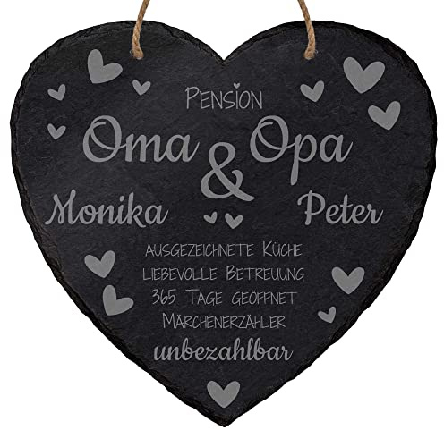 mtb more energy Schieferherz zum Aufhängen ''Pension Oma & Opa'' - personalisierbar mit Namen - 20x20 cm - Laser Gravur auf Natur-Schiefer - inklusive Kordel - Geschenk Großeltern Herz