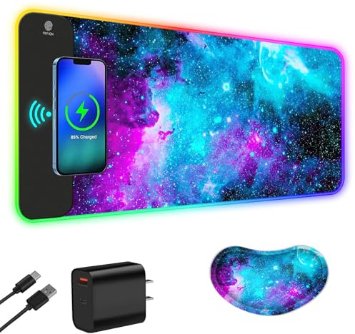 ToLuLu Wireless Charging RGB Gaming Mouse Pad, 15W LED Mouse Mat with 30W Charger, 14 Light Modes Large Mousepad with Wrist Support, Non-Slip Rubber Base Desk Mat Computer Keyboard Pad, Galaxy Nebula