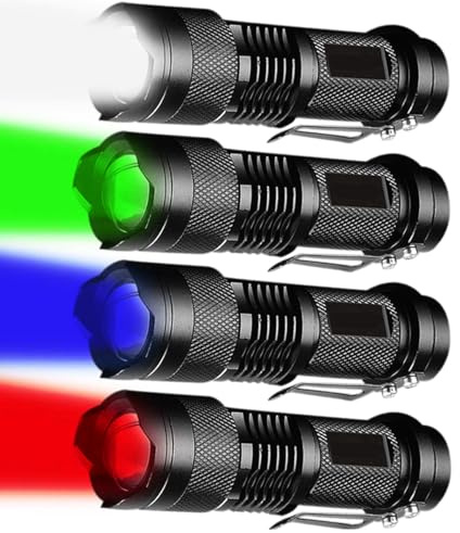 POCKETMAN Red, Green, Blue & White LED Flashlights (4 Pack) - Zoomable Focus, Water Resistant, 3 Light Modes, Clip for Night Observation & Outdoor
