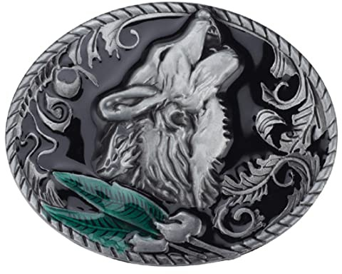 Nordische Wikinger Wolfskopf Gürtelschnalle für Herren - Heulender Wolf Oval mit Blatt-Design im Western-Cowboy und Punk-Rock-Stil