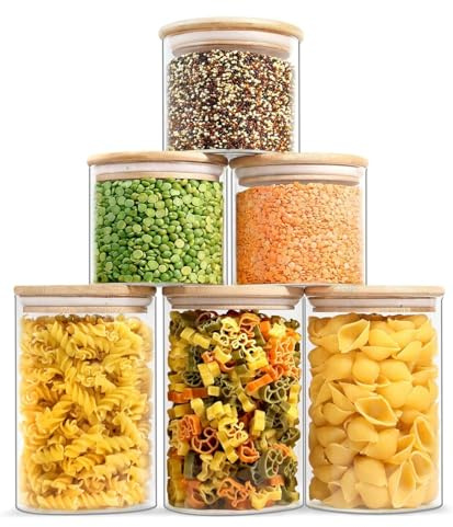 PRICE BEATER Glass Storage Jars with Bamboo Lids 2 Sizes 3x750ml 3x1200ml Set of 6, Airtight High Borosilicate Food Canisters for Kitchen, Clear Containers for Cereal, Pasta, Coffee, Tea, Sugar,