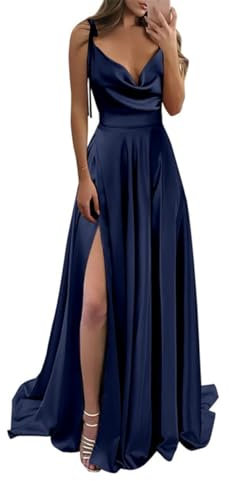 KURFACE Robe de demoiselle d'honneur en satin pour femme avec bretelles spaghetti et col bénitier - Robe de soirée longue avec fente, bleu marine, 40