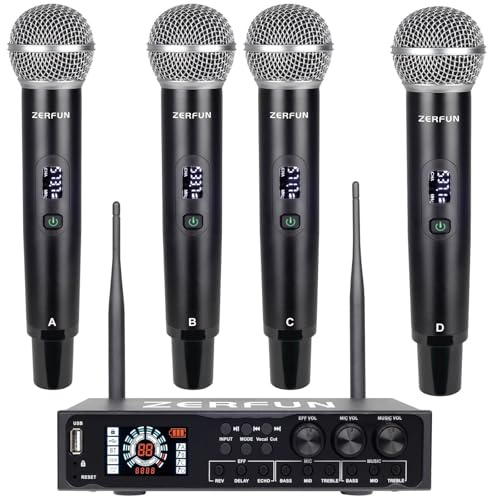 ZERFUN Rechargeable Wireless Microphone System Pro & Pre Effector, UHF Metal Handheld Cordless Mics with Vocal Cut, Bluetooth, USB Port, XLR, 1/4, Optical, RCA Input/Output, LCD Display, 4x50 Channel