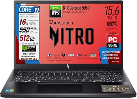 Acer Nitro Notebook Gaming Intel Core i9 13900H Display 15,6 FHD IPS 180Hz | Ram 16GB, SSD 512GB, 180Hz, NVIDIA GeForce RTX 5050 8GB GDDR7, Tastiera Retroilluminata, ready to Use, Include alimentatore