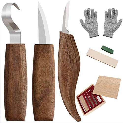 Ensemble d'outils de sculpture sur bois, kit d'outils de sculpture sur bois 7 en 1 pour débutants - Comprend un couteau à crochet à sculpter, un couteau à découper, des gants, un aiguiseur de coutea