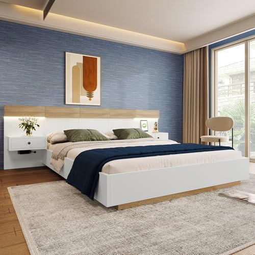 BXEYXE Doppelbett Bettanlage mit 2 LED Nachtkommoden& USB C Steckdose 180 x 200 cm Holzbett inkl. 2 Nachttischen Schlafzimmer Komplett-205x284x90.5 cm(T/B/H) Set in Eiche Sonoma/Weiß(Ohne Matratze)