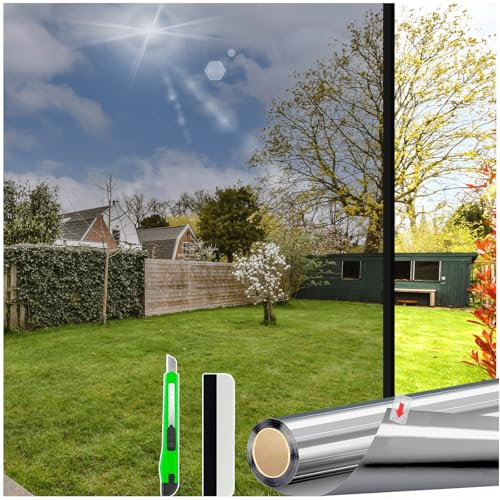 HONLONE UV Folie Fenster 75x400cm Spiegelfolie Fenster Sichtschutzfolie, Fenster Folie Blickschutz, Statische Fensterfolie Sichtschutz, Folie für Fenster Einseitig Blickdicht Hitzeschutzfolie Silber