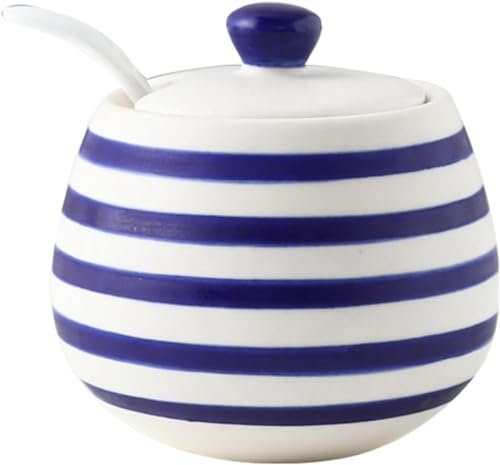 Sucrier décoratif 3 en 1 avec couvercle à rayures bleues et pot à épices pour le stockage du sucre, option de couleur bleue, design élégant et fonctionnel.