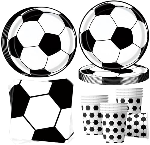 OMZSXK Vajilla de fiesta de fútbol para 16 invitados, Platos de fiesta de fútbol negros y blancos, Decoración de cumpleaños, Platos de cartón, vasos y servilletas para niños y niñas, fiesta temática