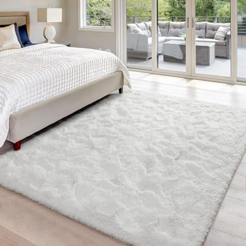 HOKXUAN Hochflor Teppich Wohnzimmer 200 x 220 cm Extra Weich, Pflegeleicht Teppiche, rutschfest Plüsch-Teppiche Modernes Einfarbiges Design für Schlafzimmer Kinderzimmer, Weiß
