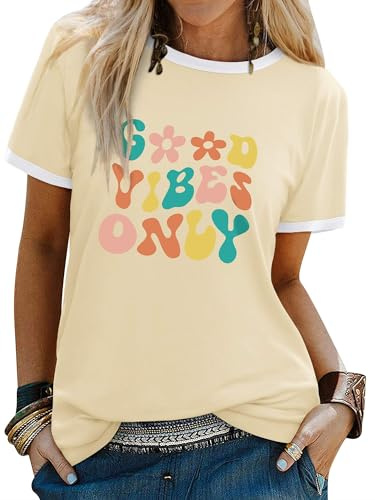 Dresswel Women Good Vibes T-Shirt Rainbow Graphic Print Tee Shirts Summer Tops | Casual Short Sleeve Graphic Print Basic Tshirts, Ringer T Shirt, Ladies Tshirts, Fashion, Letter Print
