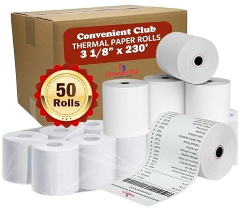 Thermal Paper Receipt Rolls, 3 1/8 x 230, 50 Rolls, 48 GSM, Compatible with Clover POS Printers, POS/Cash Register Paper BPA Free,