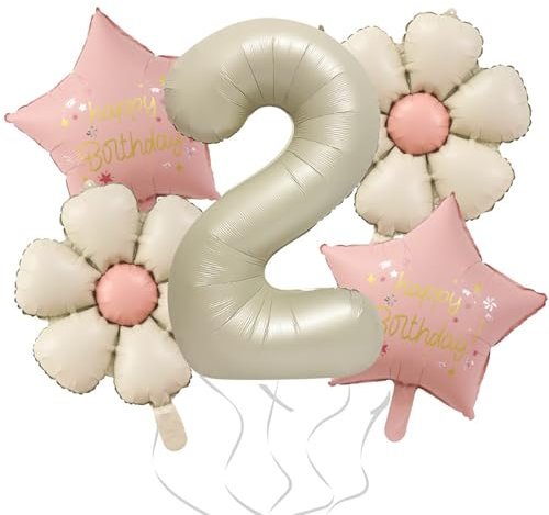 DazzJoy Gänseblümchen Luftballon Deko 2. Geburtstag Mädchen, 5 Stück, Creme, Ballon, Party, Wiederverwendbar, Aluminiumfolie, Strohhalm, Geblümt