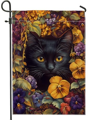 Bandera de jardín floral de otoño, flores de pensamiento de gato, decoración al aire libre, bandera de arpillera de doble cara para patio, decoración de otoño, bandera de césped con temática de