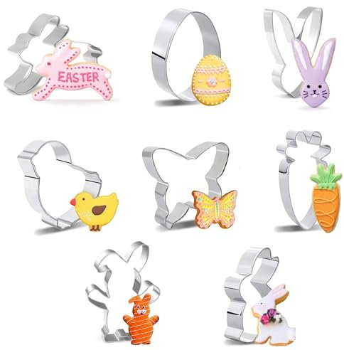Moldes para galletas de Pascua, juego de 8 moldes para galletas de Pascua, de acero inoxidable, para galletas, conejo, pollito, huevo, mariposa