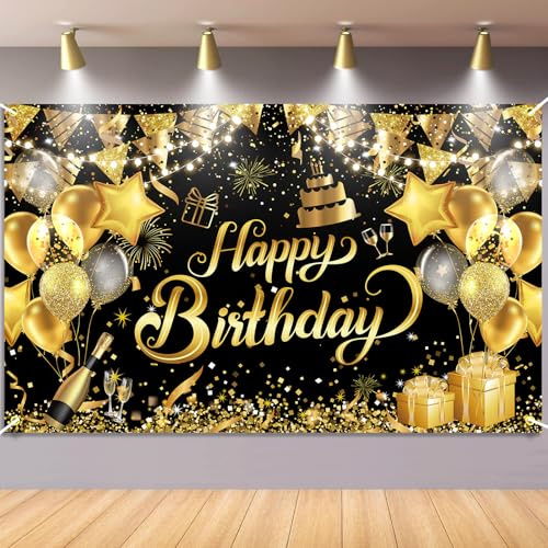 Geburtstag Banner Schwarz Gold, Waylipun Geburtstag Party Dekorationen, Geburtstagsbanner Hintergrund Banner für Jungen Mädchen Frau Mann, 180×110cm