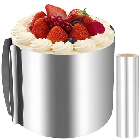 Cercle à gâteau réglable de 20 cm de haut + film pour bord de gâteau 20 x 1000 cm – Réglable Ø 16 à 30 cm en acier inoxydable – Anneau à gâteau rond réglable – Anneau à gâteau professionnel pour