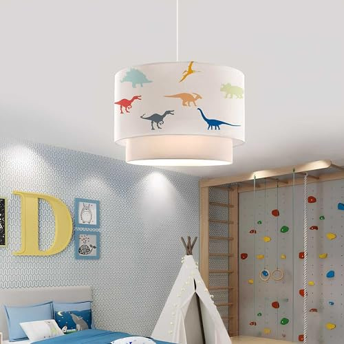 lux.pro Kinderzimmer Lampe Lurgan Deckenleuchte E27 LED-geeignet Hängelampe mit Stoffschirm doppelt kleine bunte Dinos-Motiv 70 cm hoch Weiß