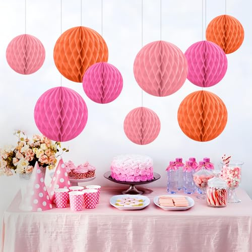 Seidenpapier Wabenbälle Deko, Hängende Seidenpapier Honeycomb Balls, Orange und Rosa Papier Wabenbälle für Geburtstag Deko Party Dekoration Hochzeit Graduierung Baby Shower (6inch&10inch,12 Stück)