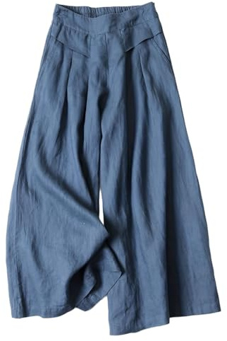 Wide Leg Linen Trousers for Women UK Palazzo Pants Casual High Waist Flowy Cropped Culottes Pants Yoga Sweatpants Cotton Linen Summer Harem Trousers Navy