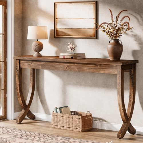 TRIBEWOOD 160 cm Massivholz-Konsolentisch, Bauernhaus-Eingangstisch, Langer Sofatisch für Wohnzimmer, Flur, Eingang, Foyer, Braun