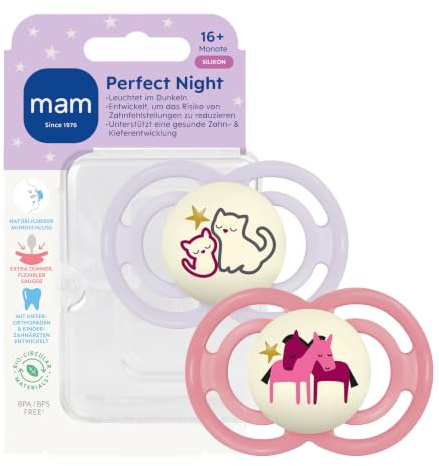 MAM Perfect Night Schnuller, 16+ Monate, Katzen/Pferde, 2 Stück | Beugt Zahnfehlstellungen vor, SkinSoft Silikon, leuchtender Knopf, inkl. Sterilisierbox