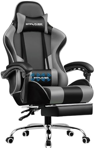 GTPLAYER Gaming Stuhl Bürostuhl Massage Gaming Sessel Ergonomischer Gamer Stuhl mit Fußstütze, Kopfstütze Massage-Lendenkissen, Gepolstert Gaming Chair, Drehsessel, Kunstleder-Dunkelgrau