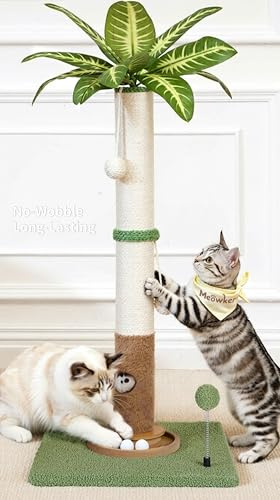 Meowker 35 Tall Palm Tree Cat Scratching Post Vertical for Indoor Cats | Palm Tree Leaf Design, Sisal Heavy Duty Wooden Carpet Pole with Track Balls, Protects Furniture, Fits Kittens & Large Cats