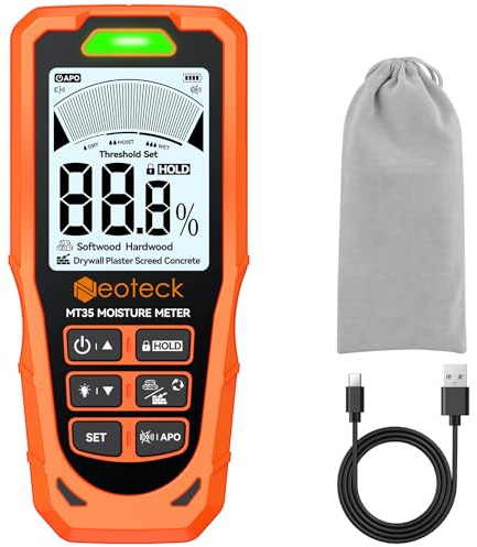 Neoteck 6 in 1 Pinless Moisture Meter 19mm Digital Moisture Detector ±2% Accuracy Wood Moisture Reader with Audible &Visual Alarm and 2.9inch LCD Display for Wood Wall Concrete Drywall Plaster Screed
